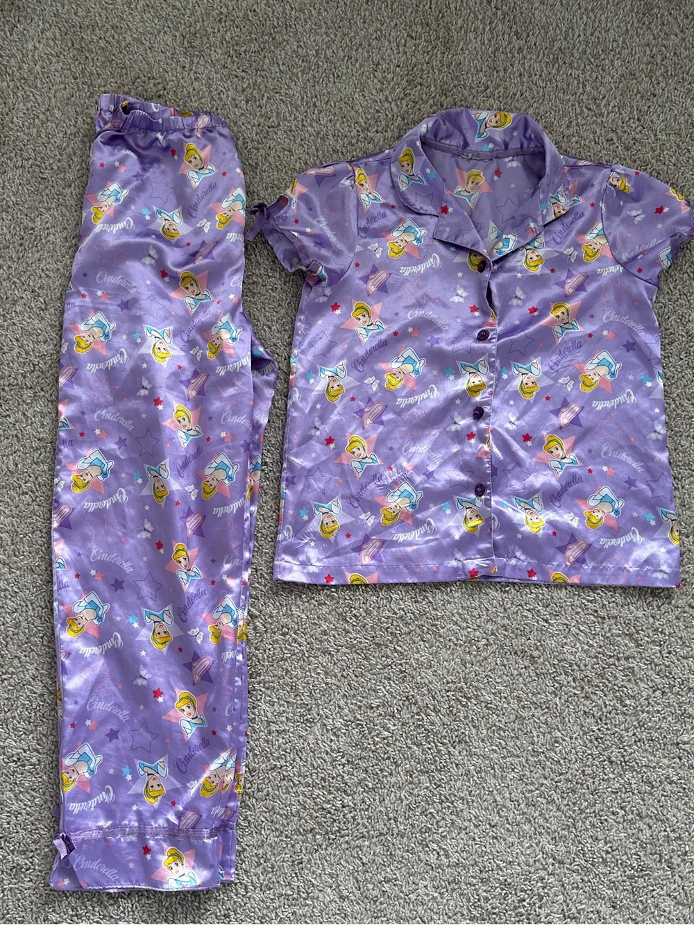 Disney Cinderella Purple Satin Princess Button Down Pajama Pant Set girls 10/12